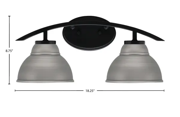 The Kurve 2-Light Bath Bar brings contemporary sophistication to bathroom lighting with its matte black finish and unique graphite double bubble metal shades. Versatile up or down mounting and dimmable capability make it adaptable. - alternate view