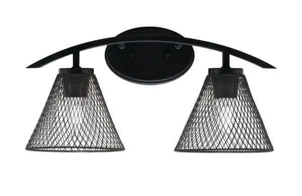 The Kurve 2-Light Bath Bar brings industrial-modern style to bathroom lighting with its sleek matte black finish and unique cone mesh metal shades. Versatile up or down mounting and dimmable capability make it adaptable to any space.