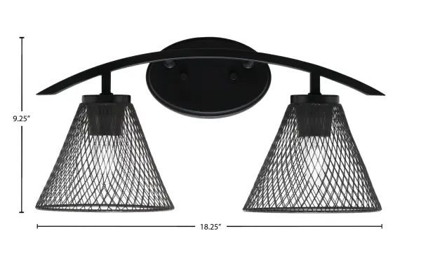 The Kurve 2-Light Bath Bar brings industrial-modern style to bathroom lighting with its sleek matte black finish and unique cone mesh metal shades. Versatile up or down mounting and dimmable capability make it adaptable to any space. - alternate view