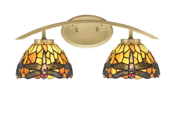 Kurve 2 Light Bath Bar in New Age Brass with Amber Dragonfly Art Glass - Image 1