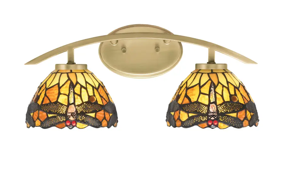 Kurve 2 Light Bath Bar in New Age Brass with Amber Dragonfly Art Glass - Image 1