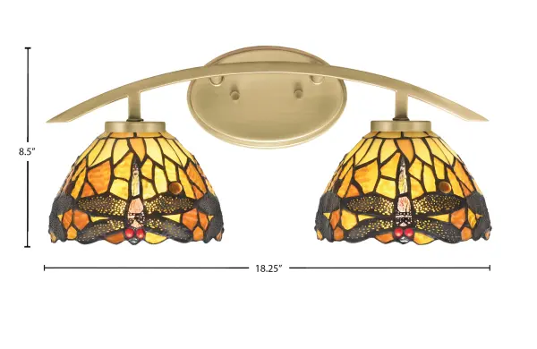 Kurve 2 Light Bath Bar in New Age Brass with Amber Dragonfly Art Glass - Image 2