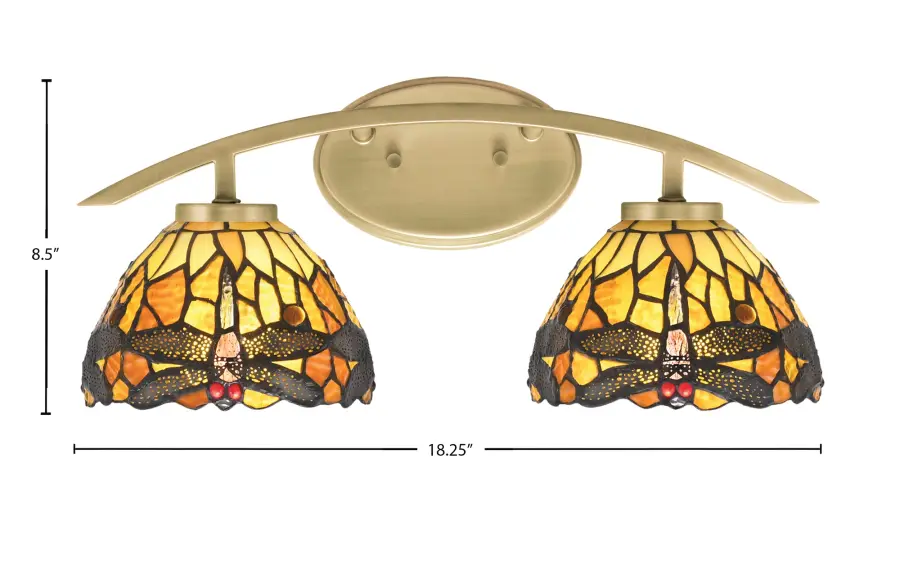 Kurve 2 Light Bath Bar in New Age Brass with Amber Dragonfly Art Glass - Image 2