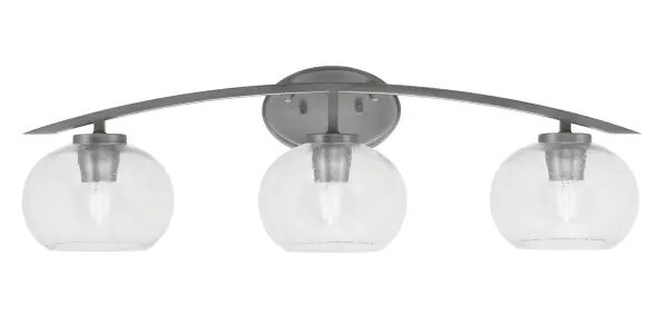 The Kurve 3-Light Bath Bar combines contemporary design with industrial charm. Its graphite finish and unique clear bubble glass shades create an inviting glow perfect for modern bathrooms. Versatile up or down mounting options.