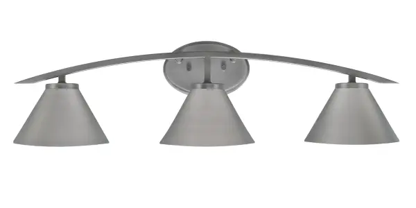 The Kurve 3 Light Bath Bar combines sleek contemporary design with practical functionality. Its graphite finish and cone metal shades create sophisticated ambient lighting, while the flexible up or down mounting adapts to any bathroom layout.