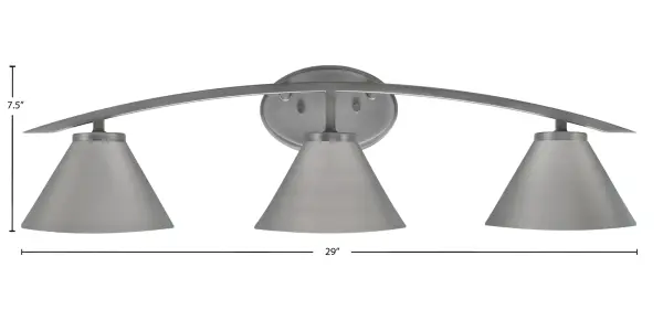 The Kurve 3 Light Bath Bar combines sleek contemporary design with practical functionality. Its graphite finish and cone metal shades create sophisticated ambient lighting, while the flexible up or down mounting adapts to any bathroom layout. - alternate view