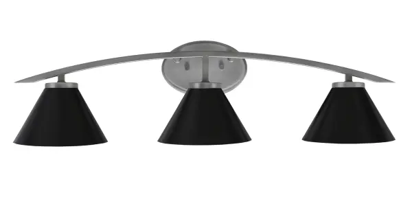 The Kurve 3-Light Bath Bar combines contemporary design with practical functionality. Its graphite finish and matte black cone shades create a sophisticated look, while the adjustable mounting direction offers installation flexibility.