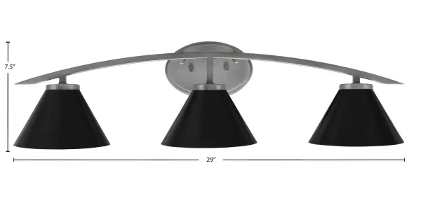 The Kurve 3-Light Bath Bar combines contemporary design with practical functionality. Its graphite finish and matte black cone shades create a sophisticated look, while the adjustable mounting direction offers installation flexibility. - alternate view