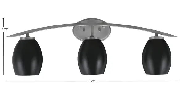 The Kurve 3 Light Bath Bar combines contemporary design with practical functionality. Its graphite finish and matte black oval shades create a sophisticated look, while the up or down mounting flexibility allows customization for any bathroom layout. - alternate view