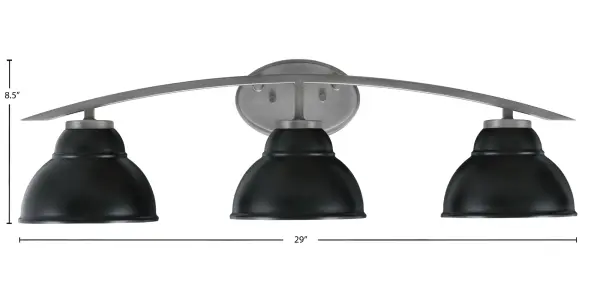 The Kurve 3-Light Bath Bar combines contemporary design with industrial flair through its graphite finish and unique double bubble metal shades. At 29 inches wide, it provides excellent illumination for medium to large vanities. - alternate view