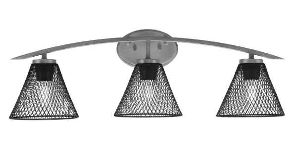 The Kurve 3-Light Bath Bar combines industrial style with contemporary elegance through its graphite finish and unique cone mesh metal shades. Perfect for modern bathrooms seeking character and ample illumination.
