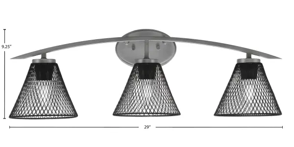 The Kurve 3-Light Bath Bar combines industrial style with contemporary elegance through its graphite finish and unique cone mesh metal shades. Perfect for modern bathrooms seeking character and ample illumination. - alternate view