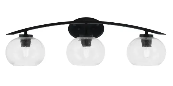 The Kurve 3-Light Bath Bar combines contemporary styling with practical functionality. Its matte black finish and unique bubble glass shades create visual interest while providing ample illumination for bathroom tasks.