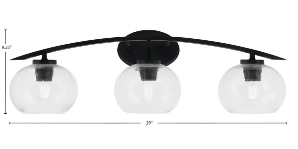 The Kurve 3-Light Bath Bar combines contemporary styling with practical functionality. Its matte black finish and unique bubble glass shades create visual interest while providing ample illumination for bathroom tasks. - alternate view
