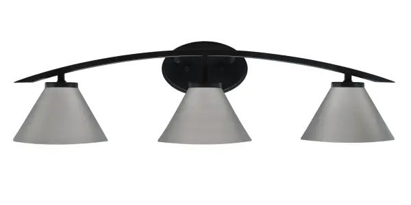 The Kurve 3 Light Bath Bar combines sleek matte black finish with distinctive graphite cone shades for a modern industrial aesthetic. Its 29-inch width and up/down mounting flexibility make it versatile for various bathroom sizes.