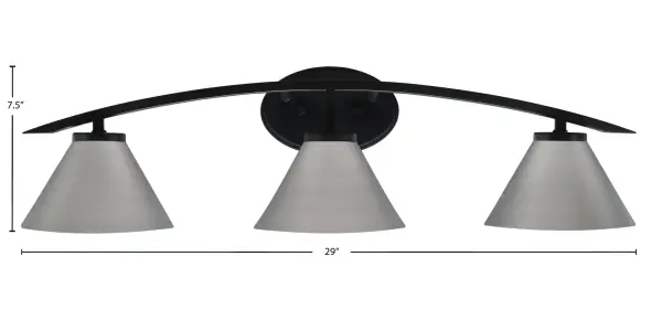 The Kurve 3 Light Bath Bar combines sleek matte black finish with distinctive graphite cone shades for a modern industrial aesthetic. Its 29-inch width and up/down mounting flexibility make it versatile for various bathroom sizes. - alternate view