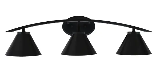 The Kurve 3-Light Bath Bar delivers contemporary style with its sleek matte black finish and cone-shaped metal shades. At 29 inches wide, it provides ample illumination for medium to large vanities with flexible mounting options.