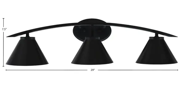 The Kurve 3-Light Bath Bar delivers contemporary style with its sleek matte black finish and cone-shaped metal shades. At 29 inches wide, it provides ample illumination for medium to large vanities with flexible mounting options. - alternate view