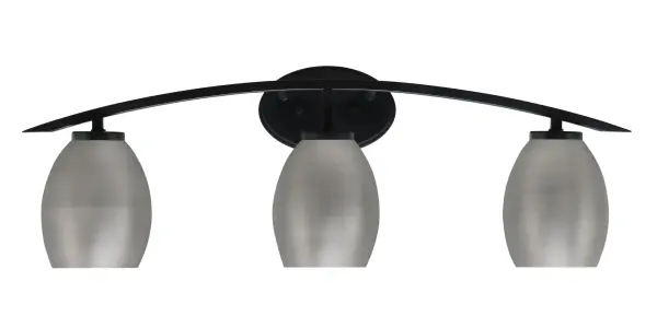 The Kurve 3-Light Bath Bar delivers contemporary style with its matte black finish and graphite oval shades. At 29 inches wide, it provides excellent illumination for medium to large vanities with flexible mounting options.