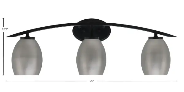 The Kurve 3-Light Bath Bar delivers contemporary style with its matte black finish and graphite oval shades. At 29 inches wide, it provides excellent illumination for medium to large vanities with flexible mounting options. - alternate view