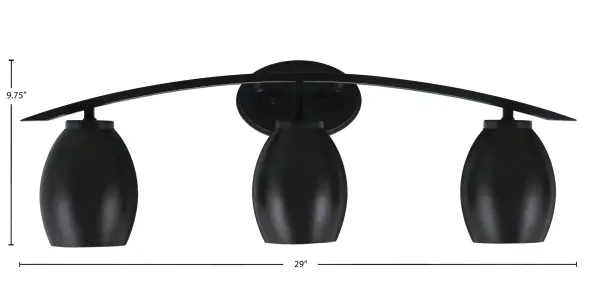 The Kurve 3 Light Bath Bar delivers sophisticated modern lighting with its matte black finish and distinctive oval metal shades. At 29 inches wide, it provides ample illumination for medium to large vanities while adding contemporary elegance to any bathroom. - alternate view