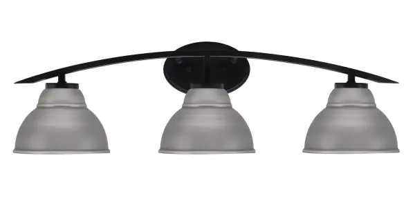 The Kurve 3-Light Bath Bar combines contemporary style with practical functionality. Its matte black finish and unique graphite double bubble metal shades create a sophisticated, modern ambiance perfect for bathroom vanities.