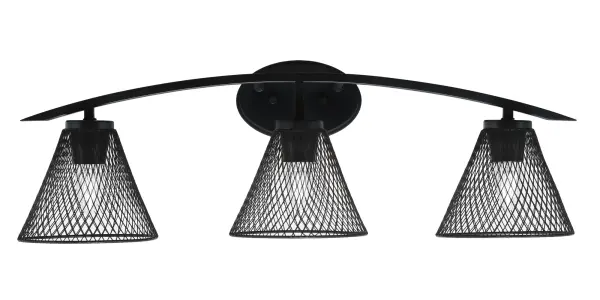 The Kurve 3-Light Bath Bar combines sleek modern design with industrial edge through its matte black finish and unique cone mesh metal shades. Perfect for contemporary bathrooms seeking both style and function.