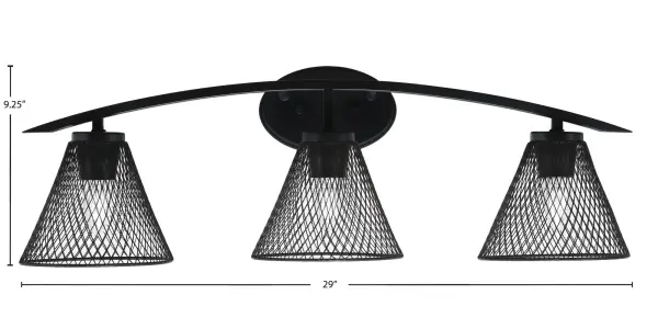 The Kurve 3-Light Bath Bar combines sleek modern design with industrial edge through its matte black finish and unique cone mesh metal shades. Perfect for contemporary bathrooms seeking both style and function. - alternate view