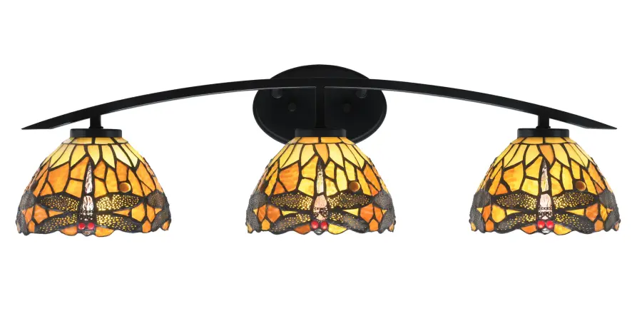Kurve 3-Light Bath Bar in Matte Black with Amber Dragonfly Glass - Image 1