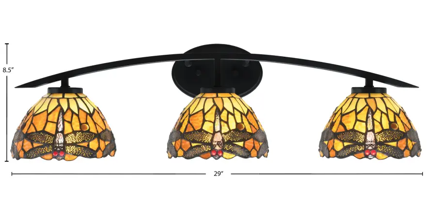 Kurve 3-Light Bath Bar in Matte Black with Amber Dragonfly Glass - Image 2