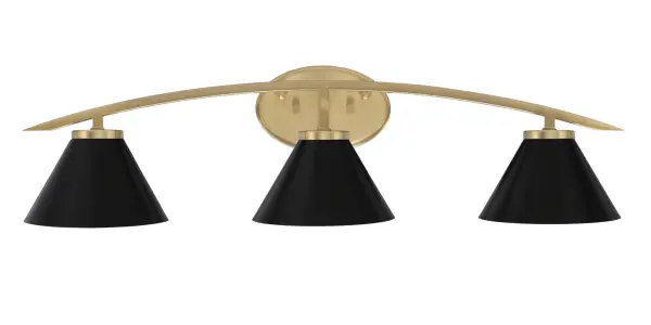 The Kurve 3-Light Bath Bar delivers sophisticated bathroom lighting with its eye-catching New Age Brass finish and contrasting matte black cone shades. At 29 inches wide, it provides ample illumination for medium to large vanities while adding a contemporary yet timeless aesthetic to any bathroom space.