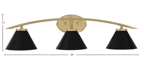 The Kurve 3-Light Bath Bar delivers sophisticated bathroom lighting with its eye-catching New Age Brass finish and contrasting matte black cone shades. At 29 inches wide, it provides ample illumination for medium to large vanities while adding a contemporary yet timeless aesthetic to any bathroom space. - alternate view