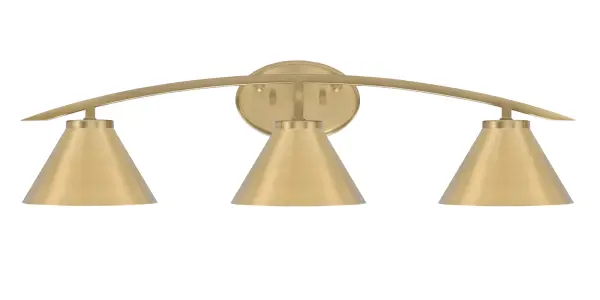 The Kurve 3 Light Bath Bar combines contemporary design with timeless brass elegance. Its cone-shaped metal shades and 29-inch span provide excellent illumination for medium to large vanities, while the up or down mounting flexibility allows for customized lighting effects.