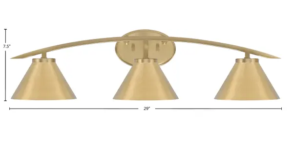 The Kurve 3 Light Bath Bar combines contemporary design with timeless brass elegance. Its cone-shaped metal shades and 29-inch span provide excellent illumination for medium to large vanities, while the up or down mounting flexibility allows for customized lighting effects. - alternate view