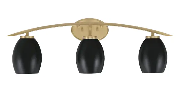 The Kurve 3-Light Bath Bar delivers contemporary style with its striking New Age Brass finish and matte black oval shades. At 29 inches wide, it provides ample illumination for medium to large vanities while adding architectural interest.