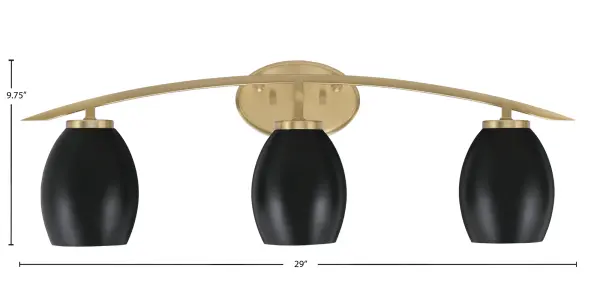The Kurve 3-Light Bath Bar delivers contemporary style with its striking New Age Brass finish and matte black oval shades. At 29 inches wide, it provides ample illumination for medium to large vanities while adding architectural interest. - alternate view