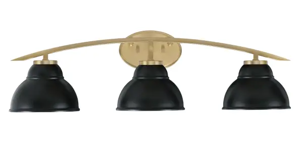 The Kurve 3-Light Bath Bar combines New Age Brass with Matte Black double bubble shades for a bold contemporary look. At 29 inches wide, it provides excellent illumination for medium to large vanities while adding architectural interest.