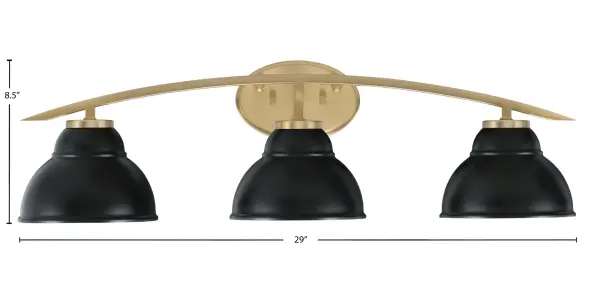 The Kurve 3-Light Bath Bar combines New Age Brass with Matte Black double bubble shades for a bold contemporary look. At 29 inches wide, it provides excellent illumination for medium to large vanities while adding architectural interest. - alternate view