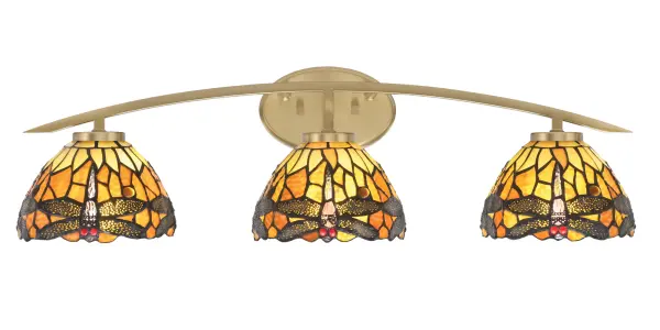 Kurve 3-Light Bath Bar in New Age Brass with Amber Dragonfly Glass - Image 1