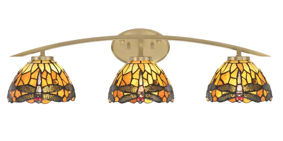 Kurve 3-Light Bath Bar in New Age Brass with Amber Dragonfly Glass - Image 1