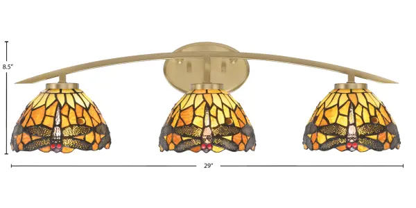 Kurve 3-Light Bath Bar in New Age Brass with Amber Dragonfly Glass - Image 2
