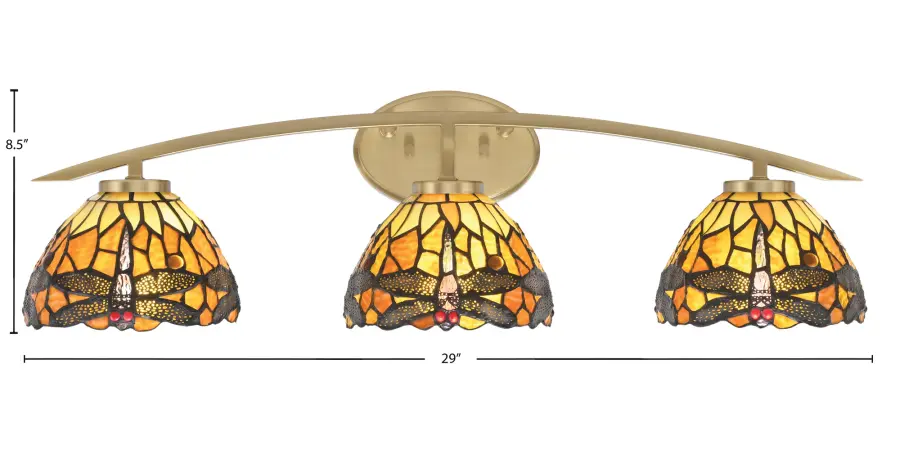 Kurve 3-Light Bath Bar in New Age Brass with Amber Dragonfly Glass - Image 2