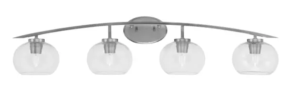The Kurve 4 Light Bath Bar combines modern industrial style with functional lighting. Its 40-inch span and graphite finish create a bold statement, while clear bubble glass shades provide even illumination perfect for bathroom vanities.