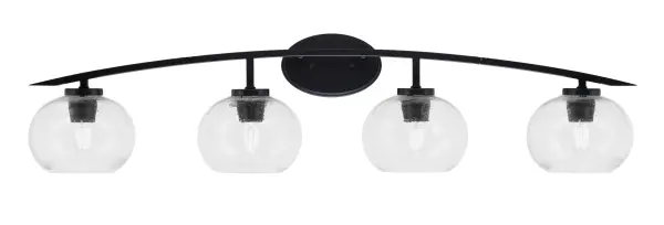 The Kurve Bath Bar delivers contemporary style with its sleek matte black finish and eye-catching clear bubble glass shades. At 40 inches wide, it provides ample illumination for larger vanities while the textured glass creates beautiful light diffusion.