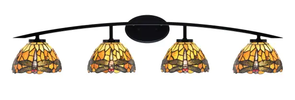 Kurve 4 Light Bath Bar in Matte Black with Amber Dragonfly Art Glass - Image 1