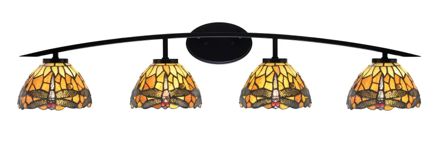 Kurve 4 Light Bath Bar in Matte Black with Amber Dragonfly Art Glass - Image 1