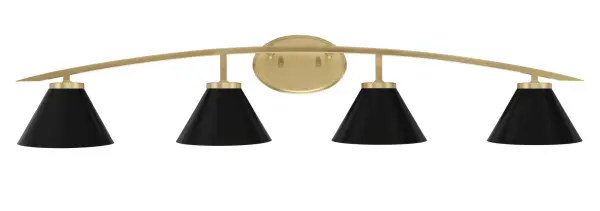 The Kurve 4-Light Bath Bar delivers exceptional illumination with its striking combination of New Age Brass and Matte Black cone shades. At 40 inches wide, it provides ample lighting for larger vanities while adding contemporary elegance to any bathroom.