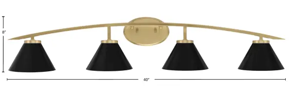The Kurve 4-Light Bath Bar delivers exceptional illumination with its striking combination of New Age Brass and Matte Black cone shades. At 40 inches wide, it provides ample lighting for larger vanities while adding contemporary elegance to any bathroom. - alternate view