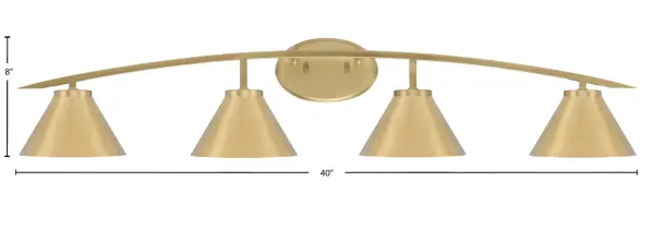 The Kurve 4 Light Bath Bar combines contemporary style with practical functionality. Its 40-inch span and New Age Brass finish create a warm, inviting atmosphere perfect for medium to large bathrooms. - alternate view