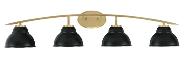 The Kurve 4-Light Bath Bar combines contemporary style with functional lighting. Its New Age Brass finish paired with Matte Black double bubble shades creates a bold, modern aesthetic perfect for updating bathroom spaces.